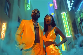 A fashionable couple stands out against a backdrop of neon lights and vibrant cityscape,