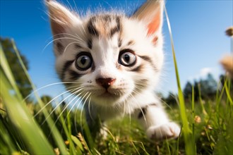 Playful Cute Kitten outdoors in Sunlit Grass. Kitten excitement and wonder as it explores the