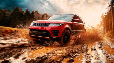 Rugged luxury sporty SUV in dynamic off-road action splashing mud, with forest backdrop, AI
