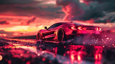 Red sports car driving on a wet road reflecting neon sunset colors, AI generated