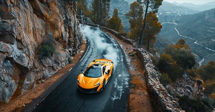 Yellow sports car drifting with smoke on a winding mountain road, AI generated