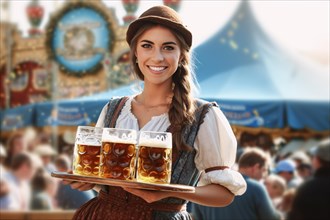 Yount smiling wiatress in traditional Dirndl dress serving beer mugs at Oktoberfest. KI generiert,