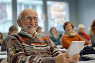 A man of advanced age, senior citizen, sitting with a digital tablet in a course room, training
