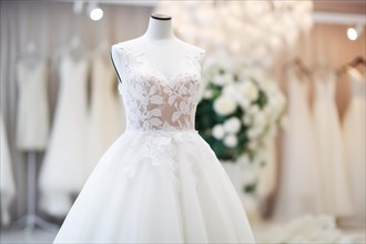 Wedding dress in bridal boutique shop. KI generiert, generiert, AI generated