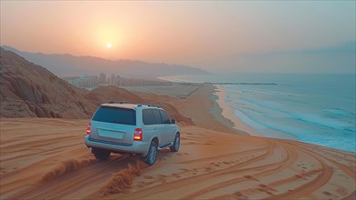 A white SUV parked on a sand dune overlooking the ocean at sunset, action sports photography, AI
