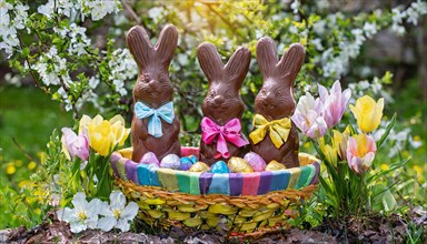 Chocolate Easter bunnies in a colourful Easter nest in the garden, symbolic Easter photo, AI
