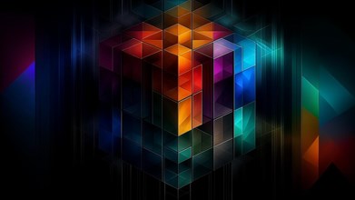 Digital abstract of a three-dimensional cube illuminated with neon colors against a dark