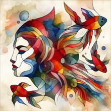 An abstract geometric artwork featuring a woman's face and fish, square aspect, AI generated
