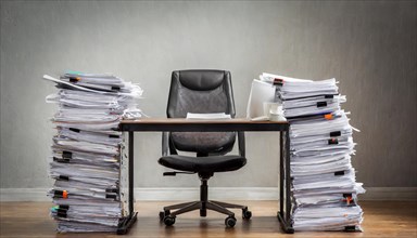 An empty workplace with an organised pile of documents on the desk, bureaucracy symbol, AI