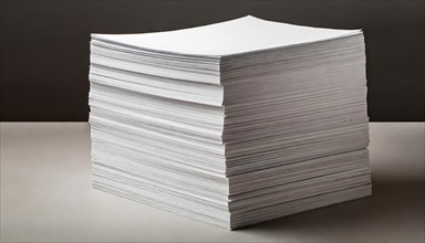 A neatly stacked, massive pile of paper on a flat surface in neutral light, symbol bureaucracy, AI