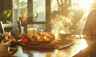 Cozy morning breakfast scene with steaming coffee and a platter of fruit in warm sunlight AI