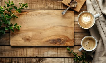An artistic cup of coffee on a wooden board, coffee beans scattered, viewed from above AI generated