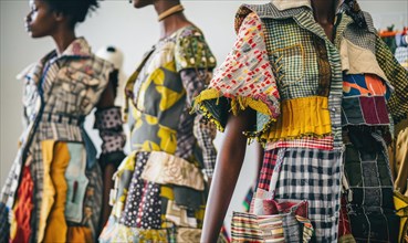 A lineup of mannequins dressed in vibrant, patchwork outfits showcasing diverse patterns and