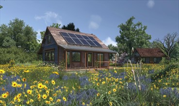 Rustic house with solar panels surrounded by wildflowers on a sunny day AI generated