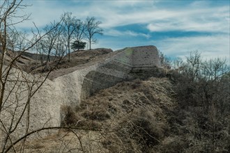 Section of mountain forest wall made of flat stones located near Boeun South Korea