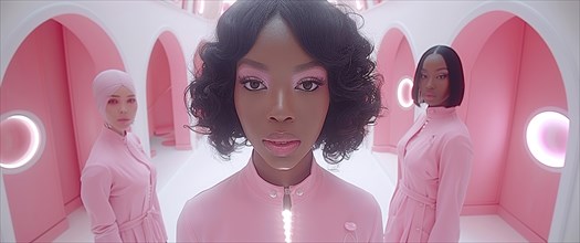 Stylized scene with a female singer and dancers in a surreal pink setting, AI generated