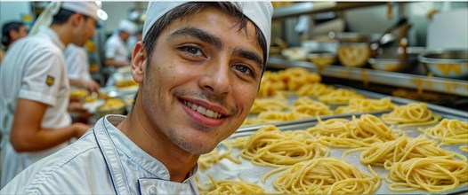 Young Pastry chef apprentice with a smile working with fresh spaghetti pasta, surrounded by