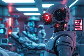 Advanced robot in a futuristic medical facility with red ambient lighting, AI generated