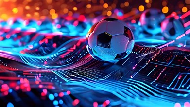 Abstract digital landscape football analytics inspired by geometric patterns interweaving neon