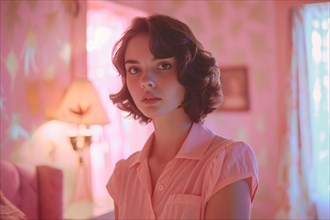 A dreamy shot of a woman in a bedroom with soft focus and pink hues evoking a retro feel, AI