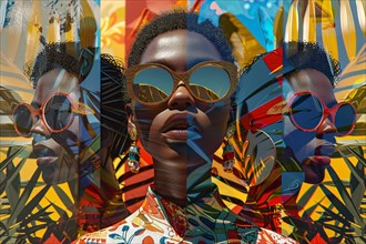 Artistic double exposure of a woman with vibrant African pattern overlay and chic sunglasses,
