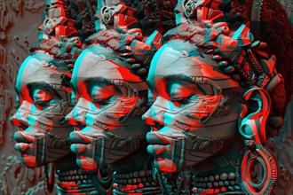 Anaglyph 3D image of patterned skull sculptures creating a visual trick with red and cyan textures,