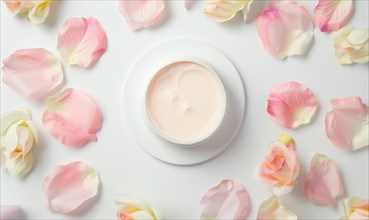 Blank creme jar mockup encircled by pastel flower petals on a white background, top view AI