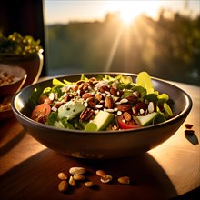 Salad bowl in the warm embrace of golden hour light, AI generated