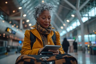 Vibrant senior woman traveler with tablet and suitcase at airport, AI generated