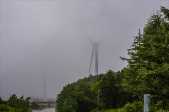 Large electric wind turbine hidden by heavy morning fog next to a two lane highway in countryside