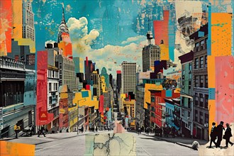 Artistic collage of an urban street scene in vibrant, abstracted colors, illustration, AI generated