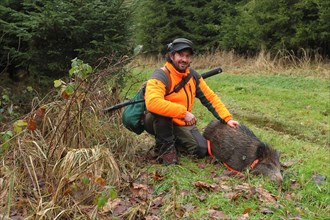 Wild boar hunt, hunter with rifle, safety waistcoat, hearing protection and rucksack with wild boar