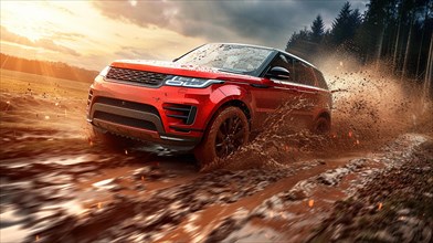 British Red SUV splashing through mud in a dynamic off-road adventure in the forest, AI generated
