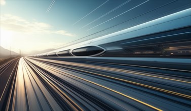 High-speed train in motion on tracks at dusk with a sleek design, ai generated, AI generated