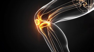 3D render of knee joint in motion with a striking yellow glow against a dark background, ai