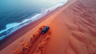 A solitary vehicle leaves a dusty trail along the ridge of coastal dunes beside a blue ocean, ai