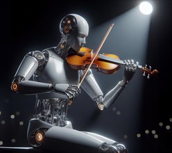 A humanoid robot stands in a concert hall and plays classical music with a violin, symbolic image