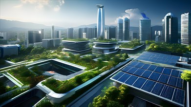 Conceptual futuristic sustainable city replete with green rooftops and integrated solar panels, AI