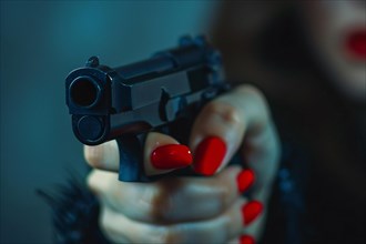 Close up of woman's hand with red painted fingernails holding gun. KI generiert, generiert, AI