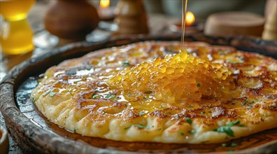 Honey being poured over a freshly cooked pancake garnished with sesame seeds, ai generated, AI
