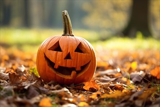 Carved Halloween pumpkin in autumn leaves. KI generiert, generiert, AI generated