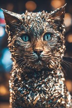 Blue-eyed cat with a shimmering silver coat gazes into the distance, ray tracing 3d sculpture, AI