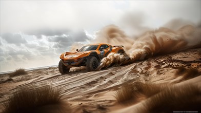 A racing truck aggressively tackling sand dunes, churning up a sandy wake, action sports