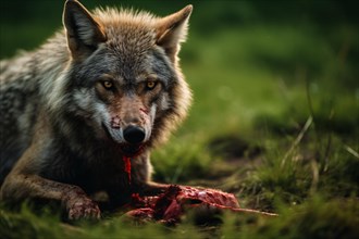 Wild wolf eating raw meat of prey anima. KI generiert, generiert, AI generated