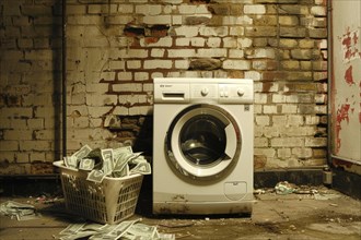 A laundry basket full of banknotes stands next to a washing machine in a neglected room,