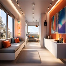 Tiny house interior modern in vibrant colors, AI generated
