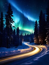 Aurora borealis illuminating the night sky wistfully guiding along a road, AI generated
