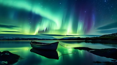 Tranquil waters aurora borealis illuminating the night sky with a one boat on the lake, AI