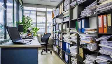 A well-lit office with a desk, stacks of papers and a plant by the window, symbolising bureaucracy,