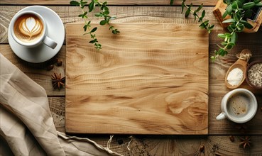 Overhead view of a coffee cup with latte art on a wooden cutting board surrounded by herbs AI